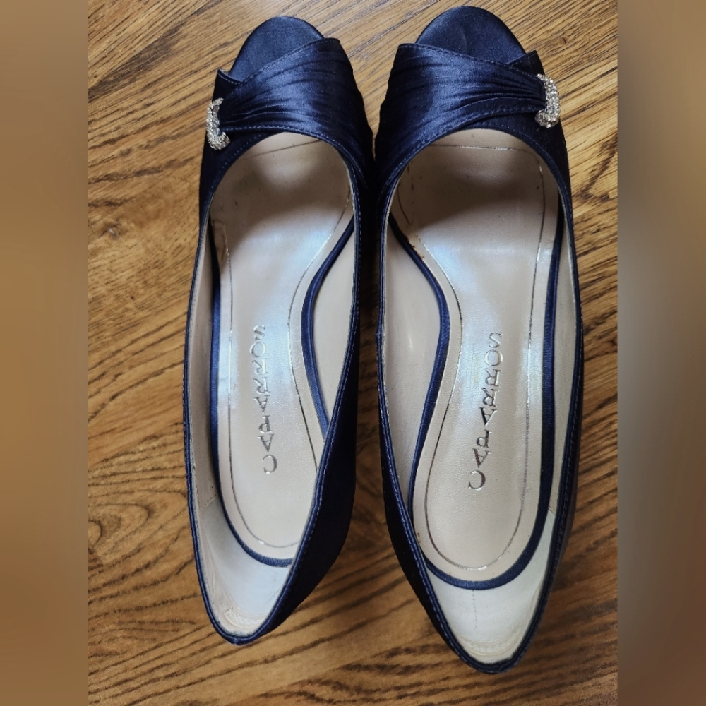 Caparros Navy Blue Satin Peep Toe Heel with Rhinestone Buckle US7.5